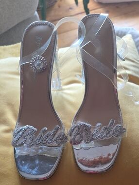 Betsey Johnson Silver 'Bride' Embellished Clear Strap Heels